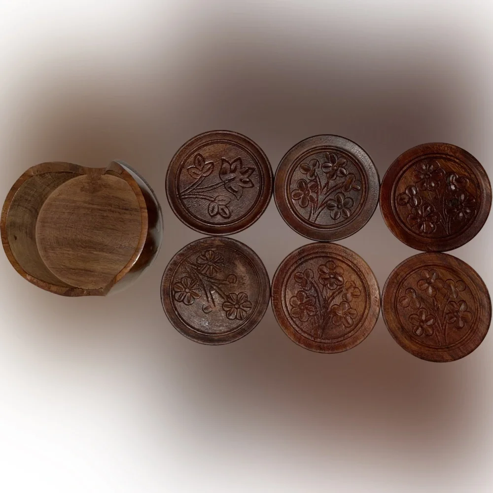 Antique Handmade Wooden Coaster Set Beautiful India Made Hand Carved Designs - Picture 11 of 12